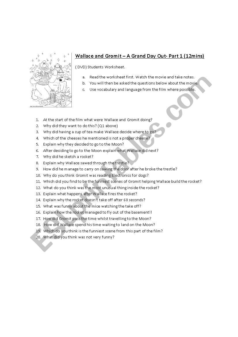 Wallace and Gromit A Grand Day Out (Part 1) - Conversation Worksheet