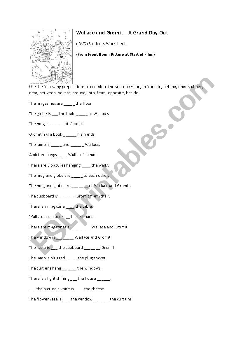 Wallace and Gromit A Grand Day Out - Prepositions worksheet.