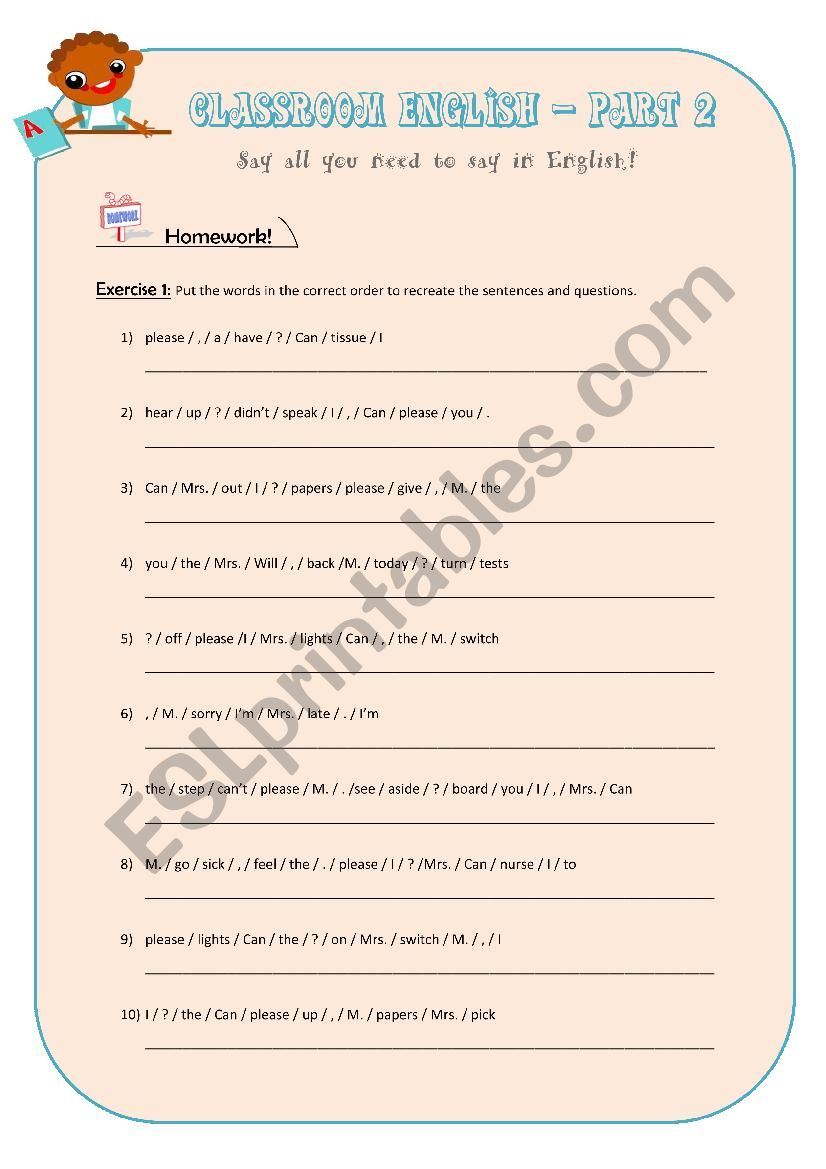 Classroom English - Part 2 - HW Worksheet