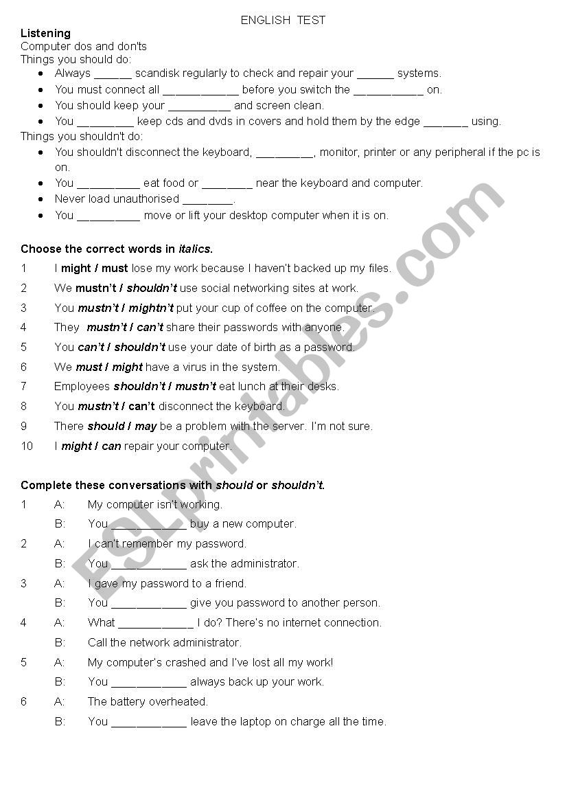 Test Information technology worksheet