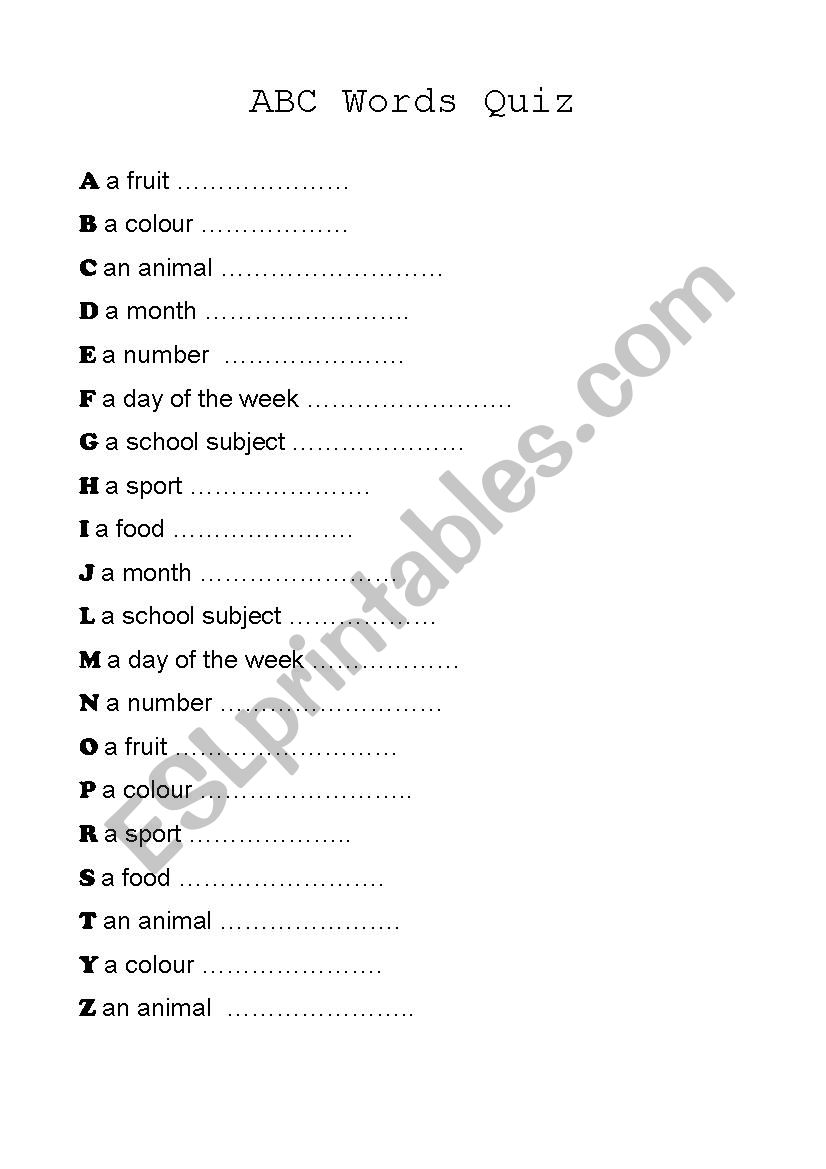 ABC Words Quiz worksheet
