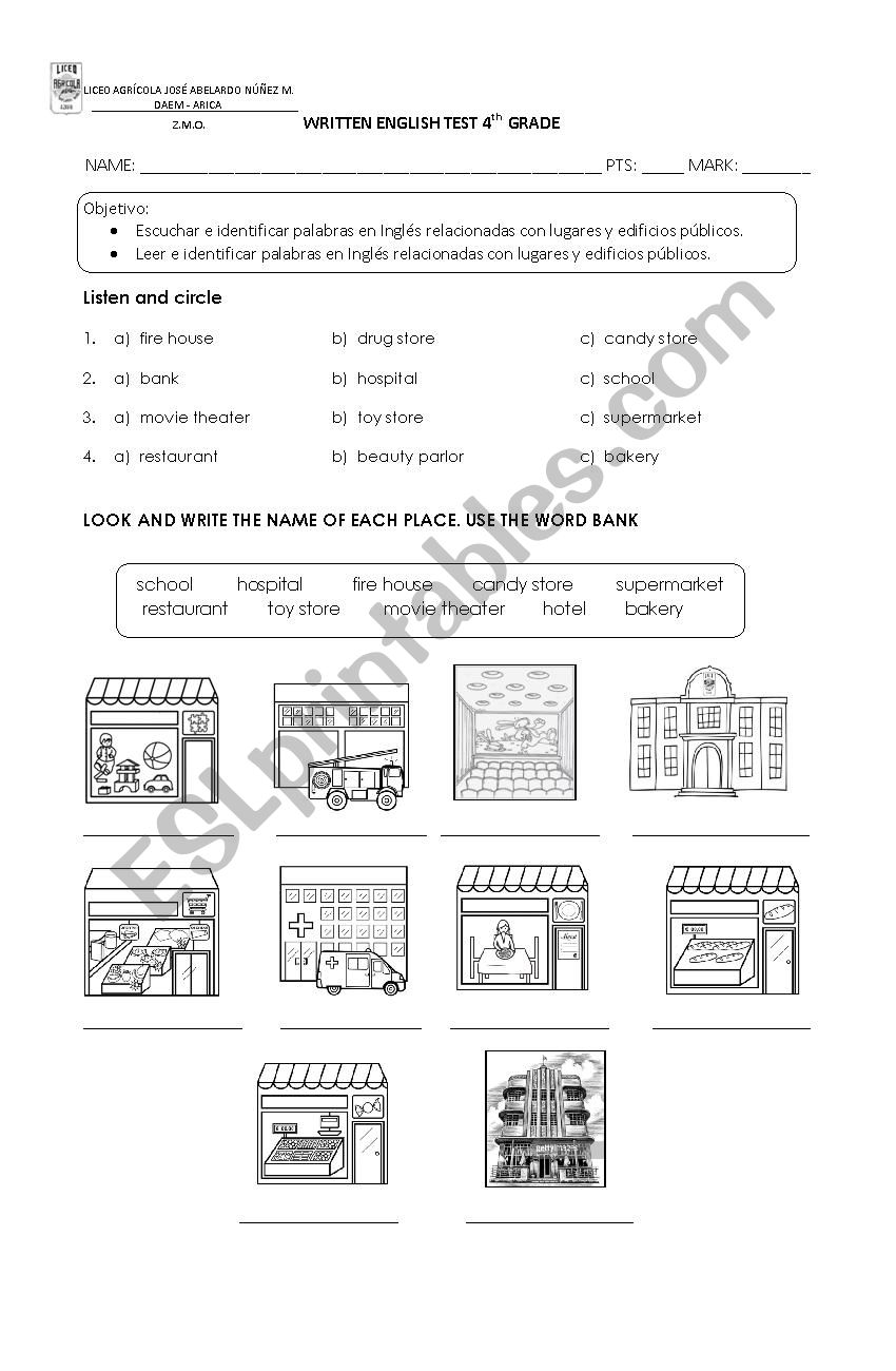 places and  buildings worksheet