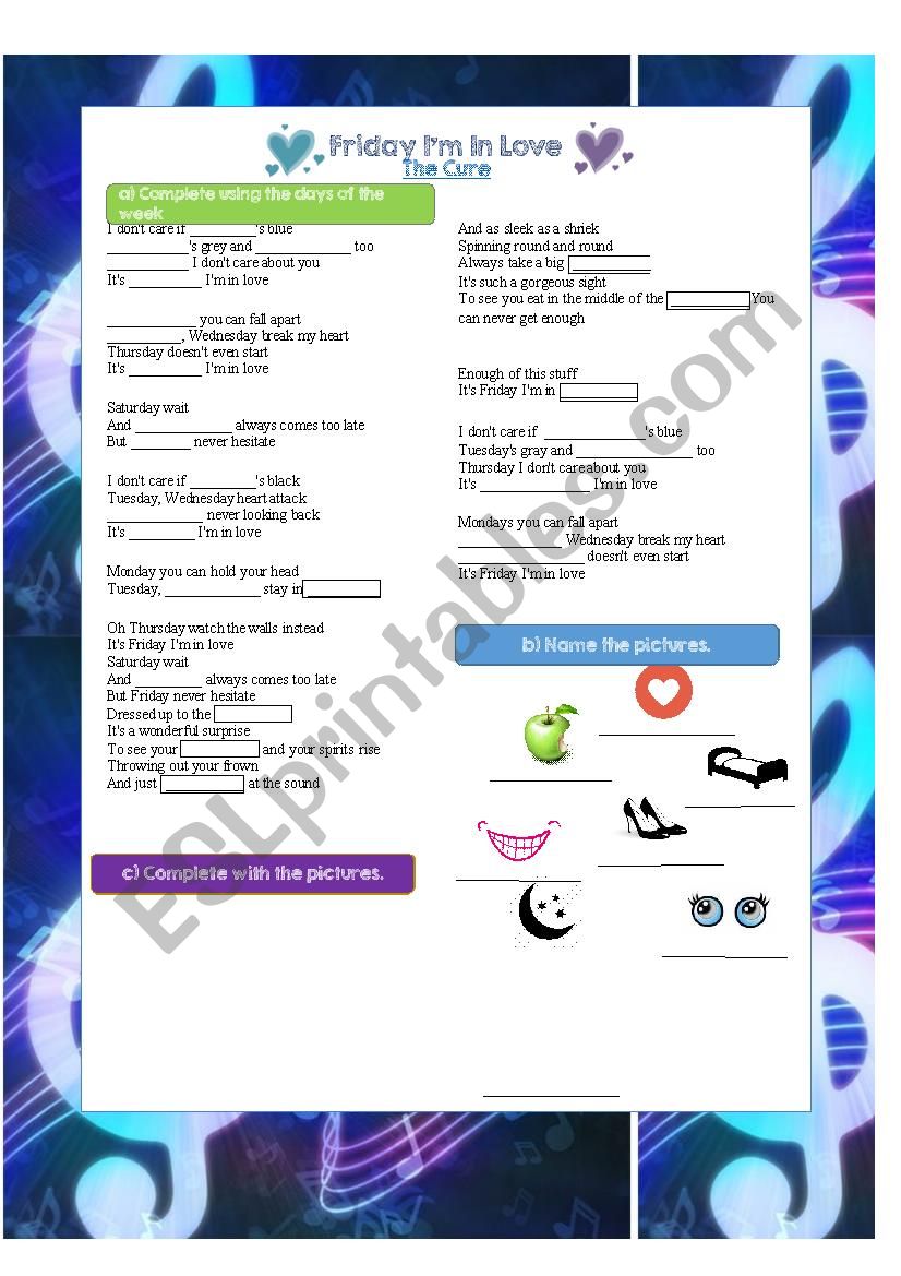 Friday Im In Love Song Activity