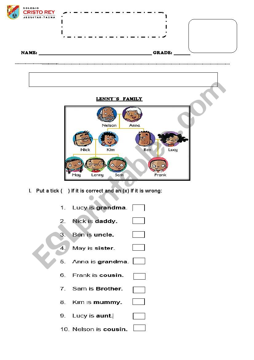 My family - exam worksheet