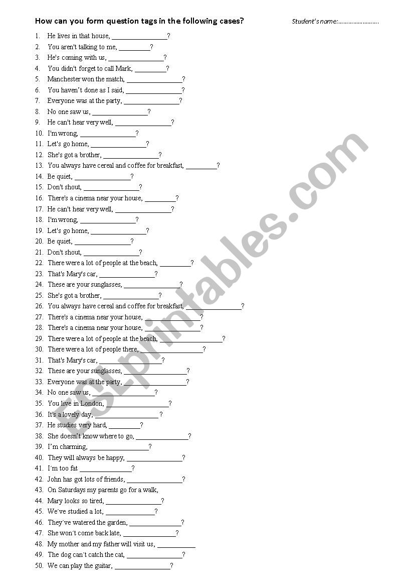 question tag special cases  worksheet