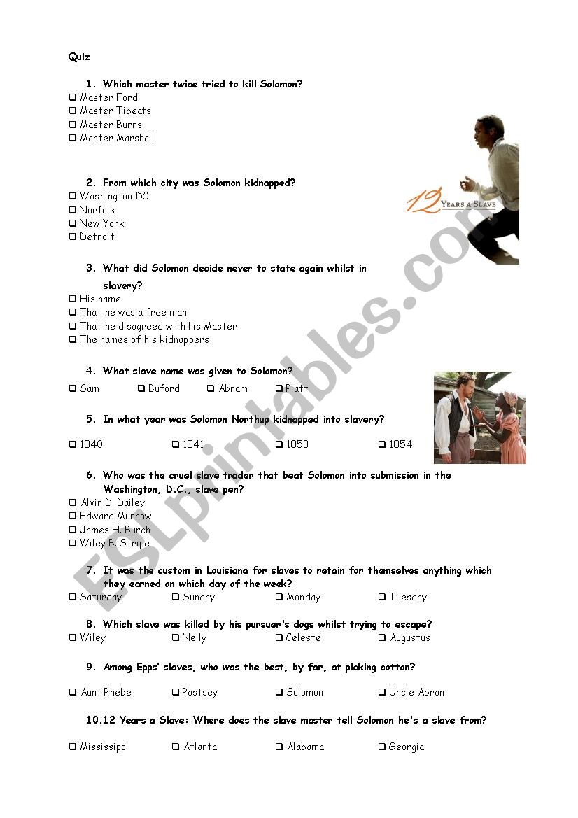 12 years a slave worksheet