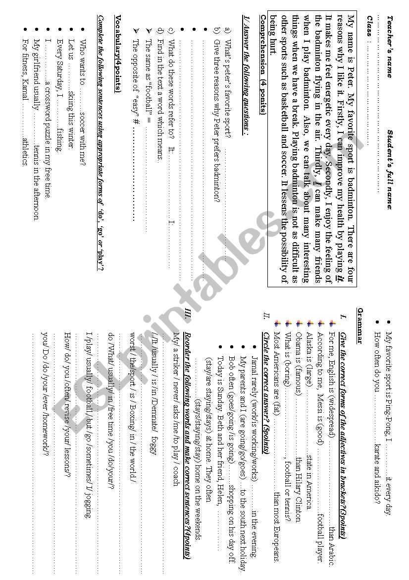 reading test worksheet