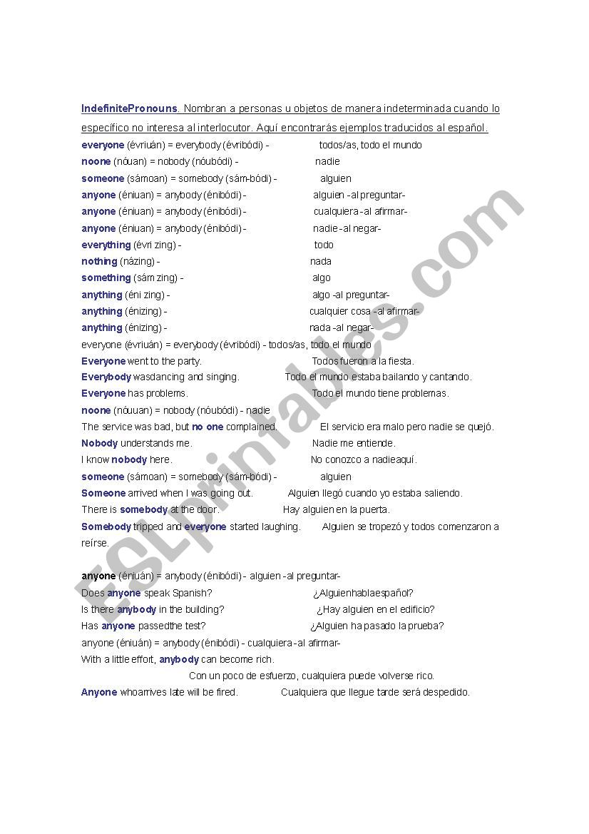 Indefinitive Pronouns worksheet