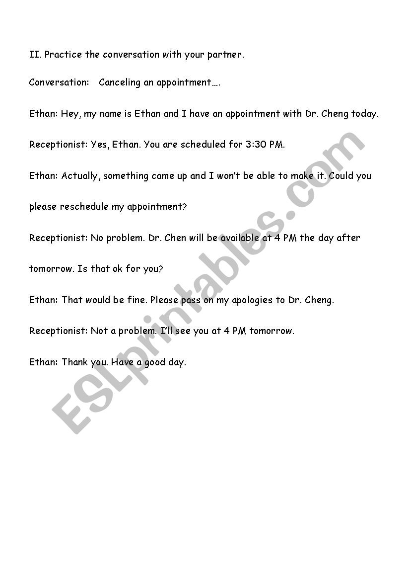 Dentist Appointment Vocabulary  . Esl Dialogue For Practicing Scheduling Medical Appoints.
