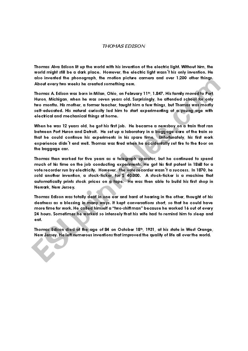 THOMAS ALVA EDISON worksheet