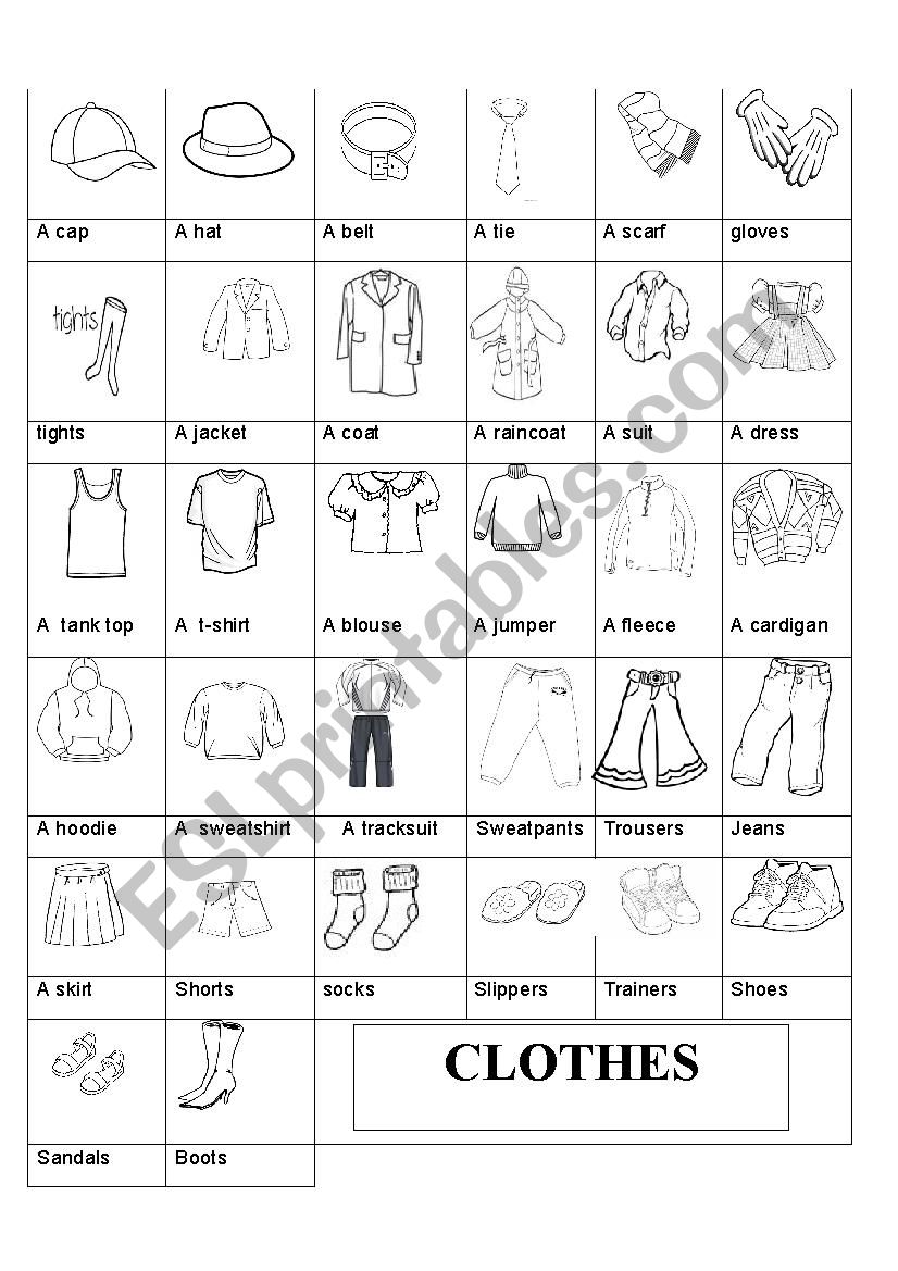 Clothes pictionary worksheet