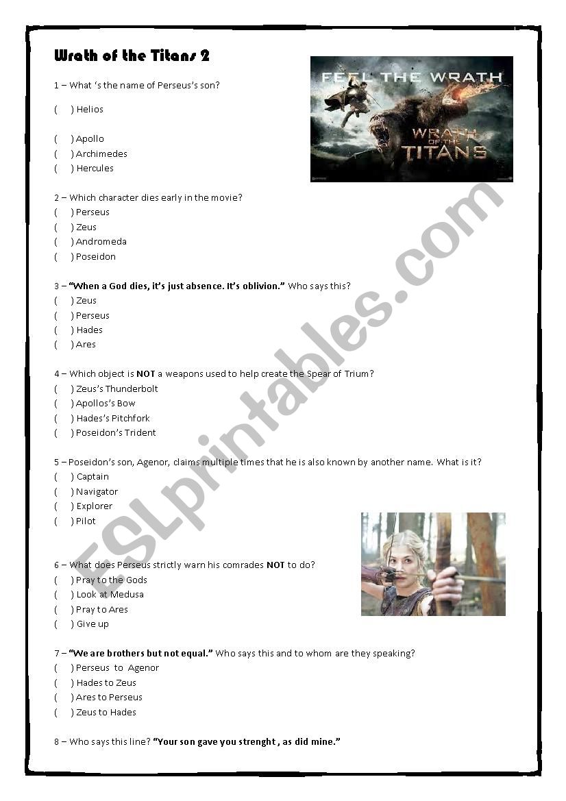Wrath of the Titans 2 - Quiz worksheet