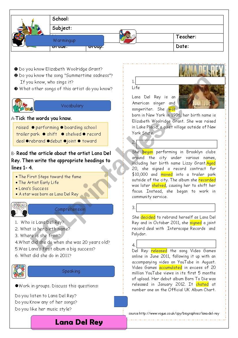 Simple Past Worksheet Full Abilities + Lanas Del Rey Text Comprehension