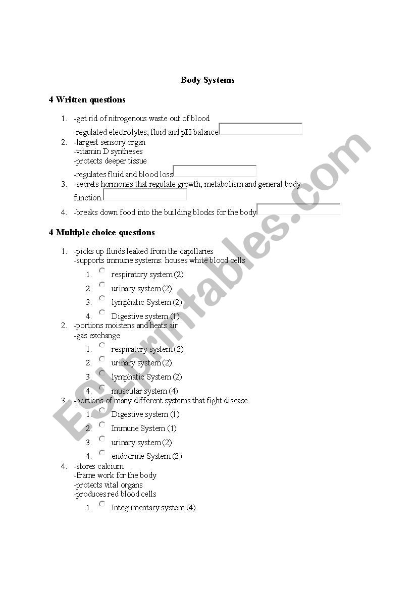 Body System worksheet