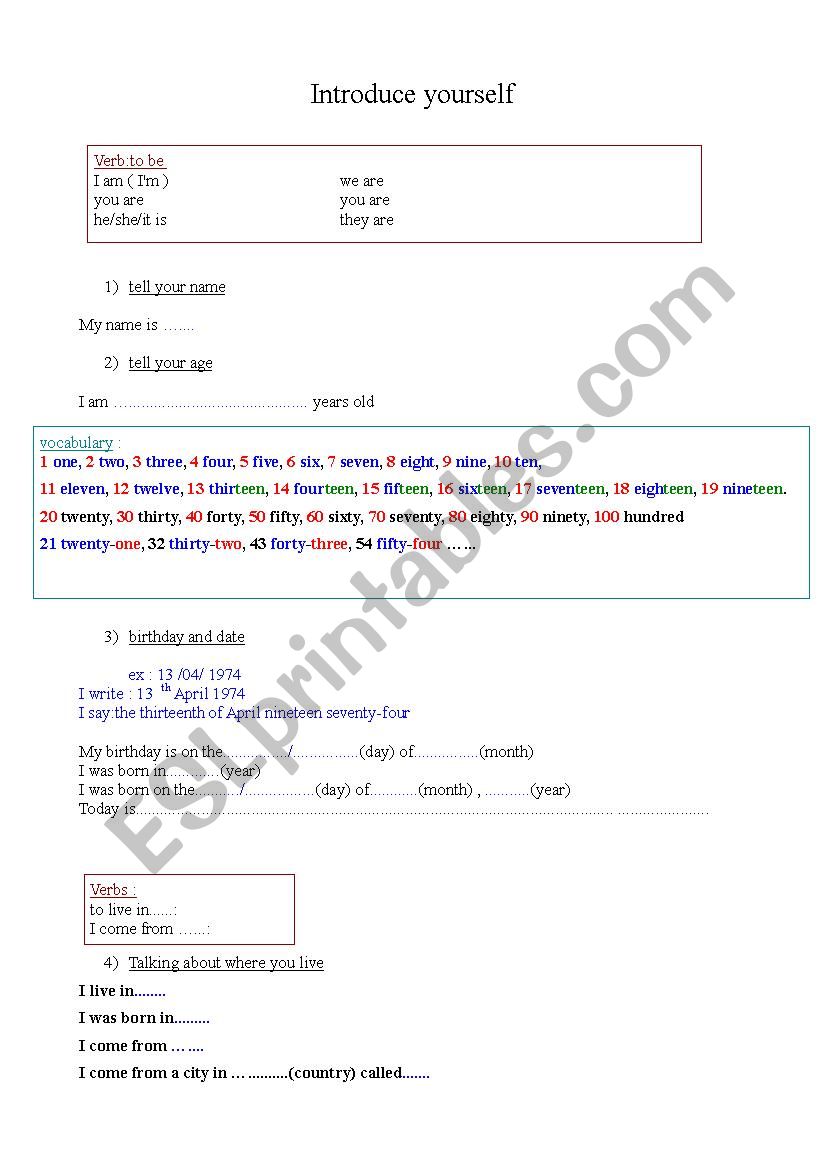 INTRODUCE YOURSELF worksheet