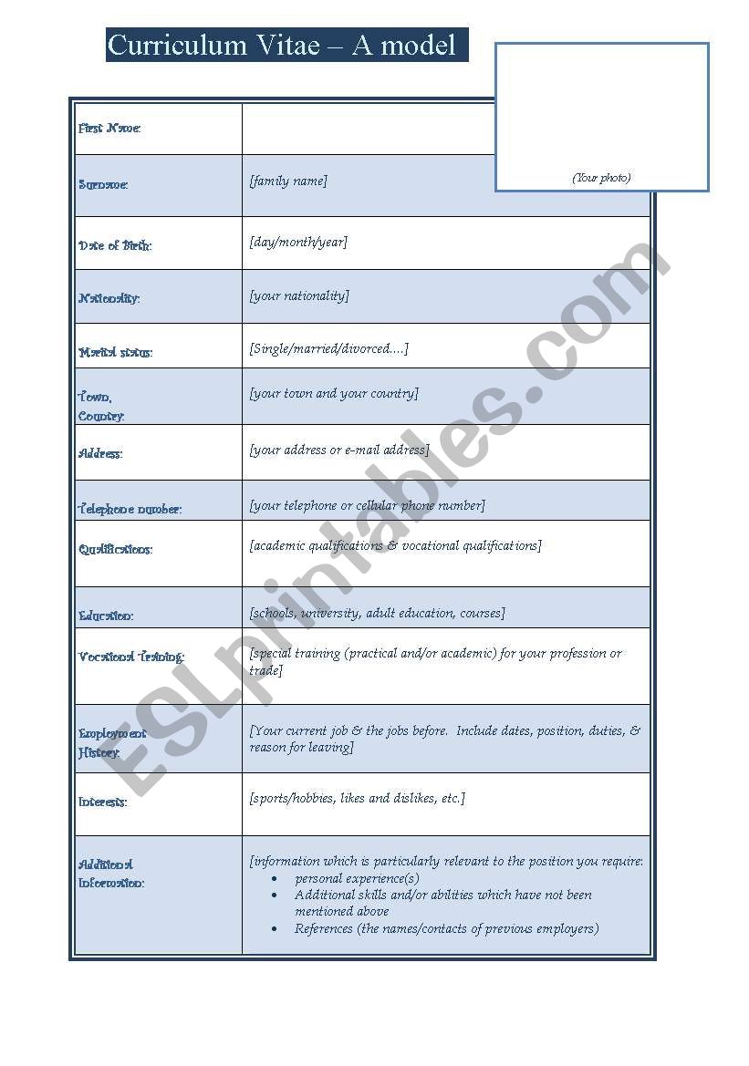 Curriculum Vitae - model worksheet