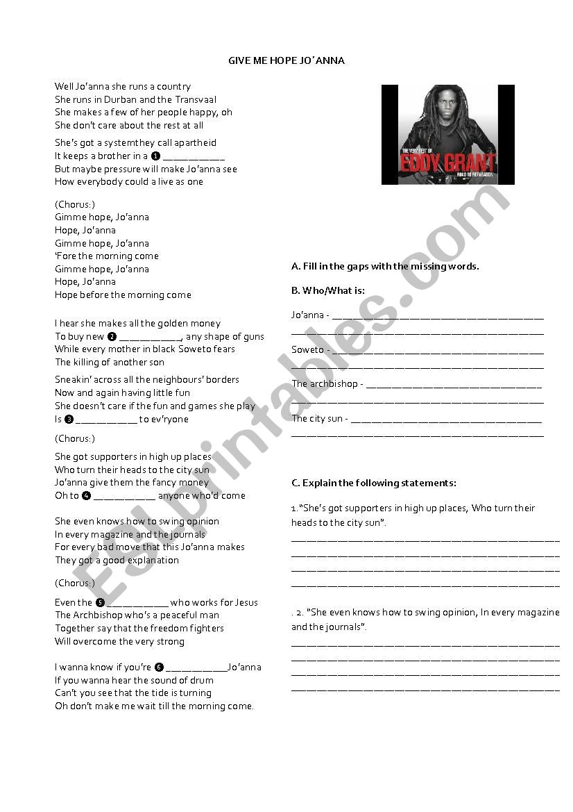 Give Me Hope Joanna worksheet