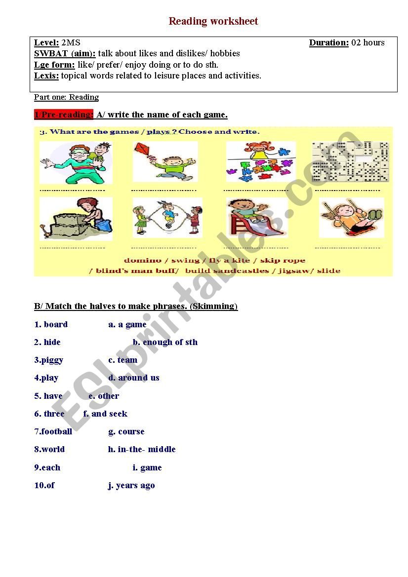 Likes and dislikes - reading  worksheet