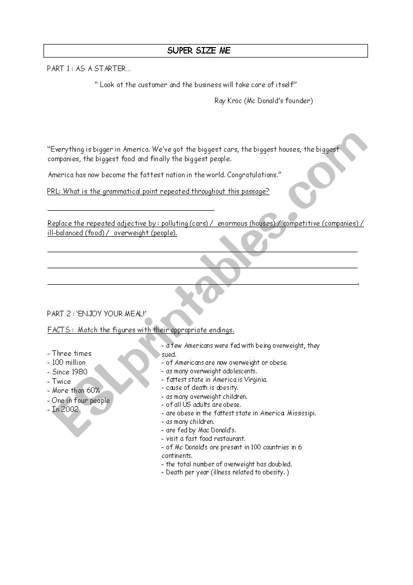 SUPERSIZE ME WORKSHEET worksheet