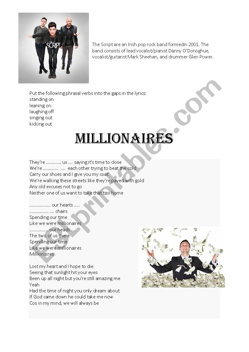 Phrasal verb gap fill. Millionaires by The Script