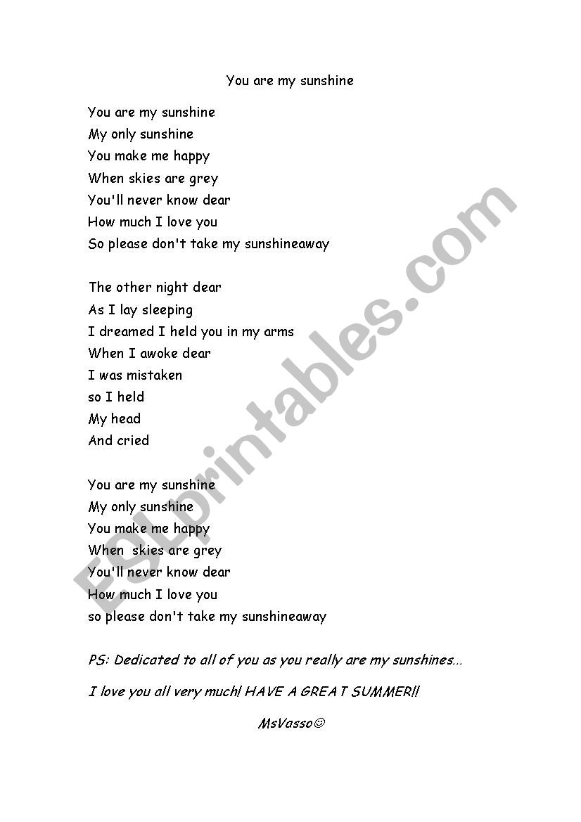 You Are My Sunshine Lyrics Esl Worksheet By Vassoula35