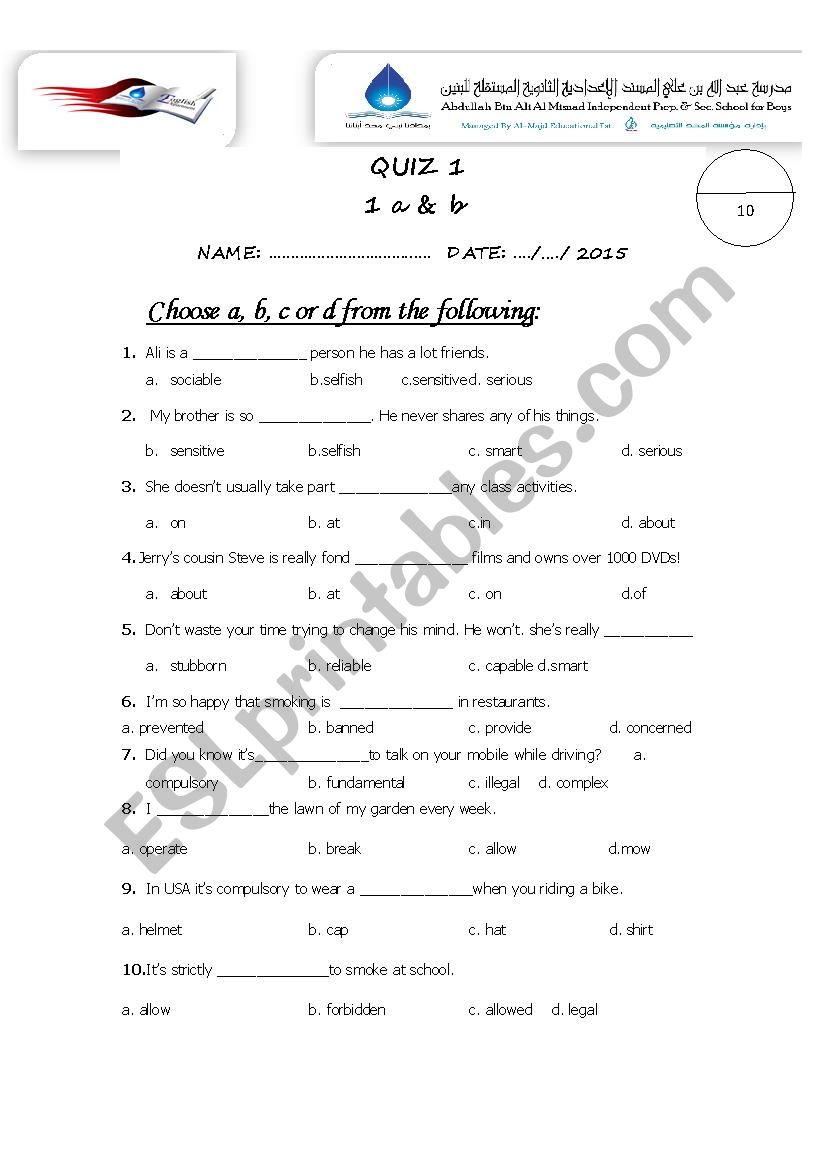 GRADE 20 MODULE 20A&B VOCABULARY QUIZ - ESL worksheet by adel.hassan Inside 9th Grade Vocabulary Worksheet