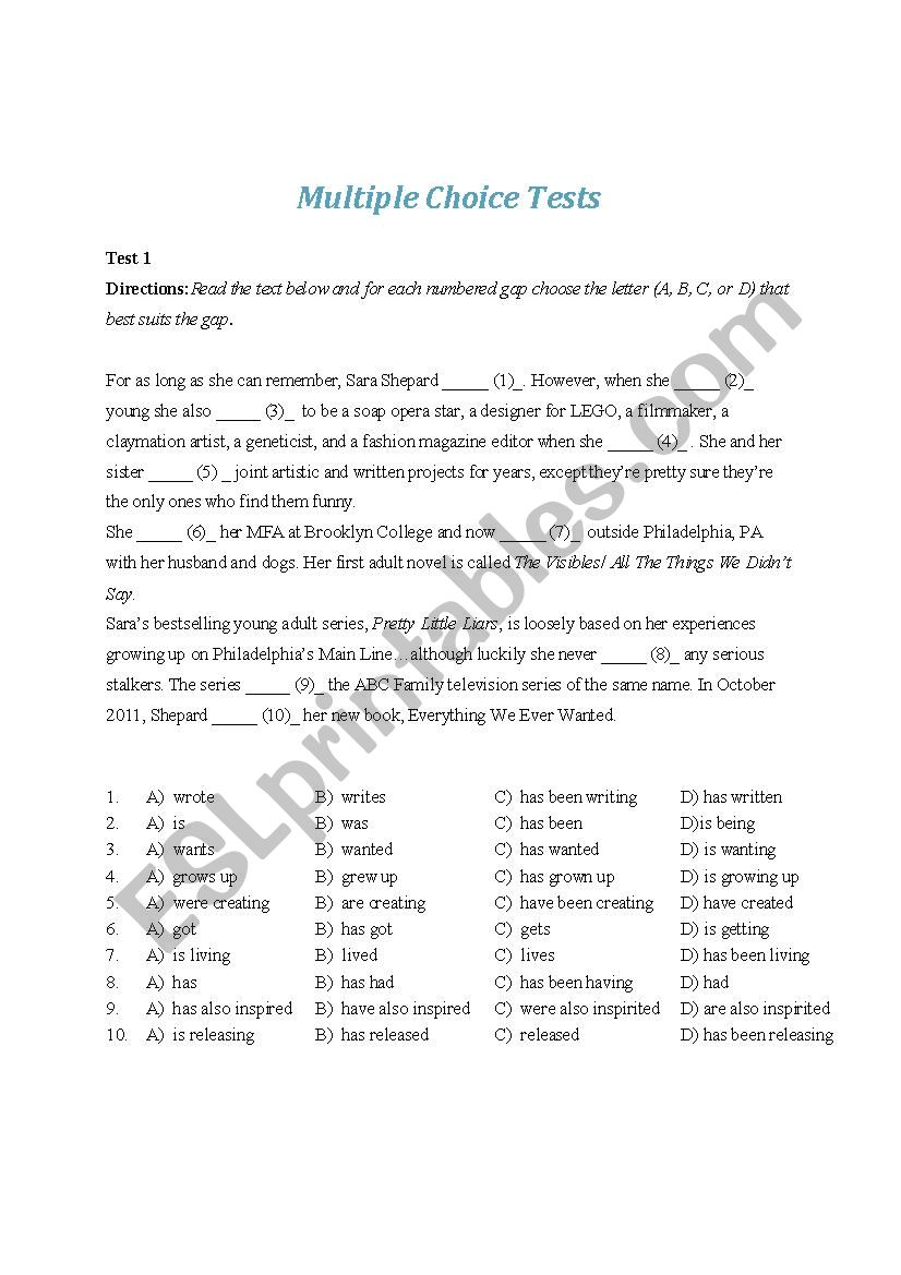 Multiple Choice Tests worksheet