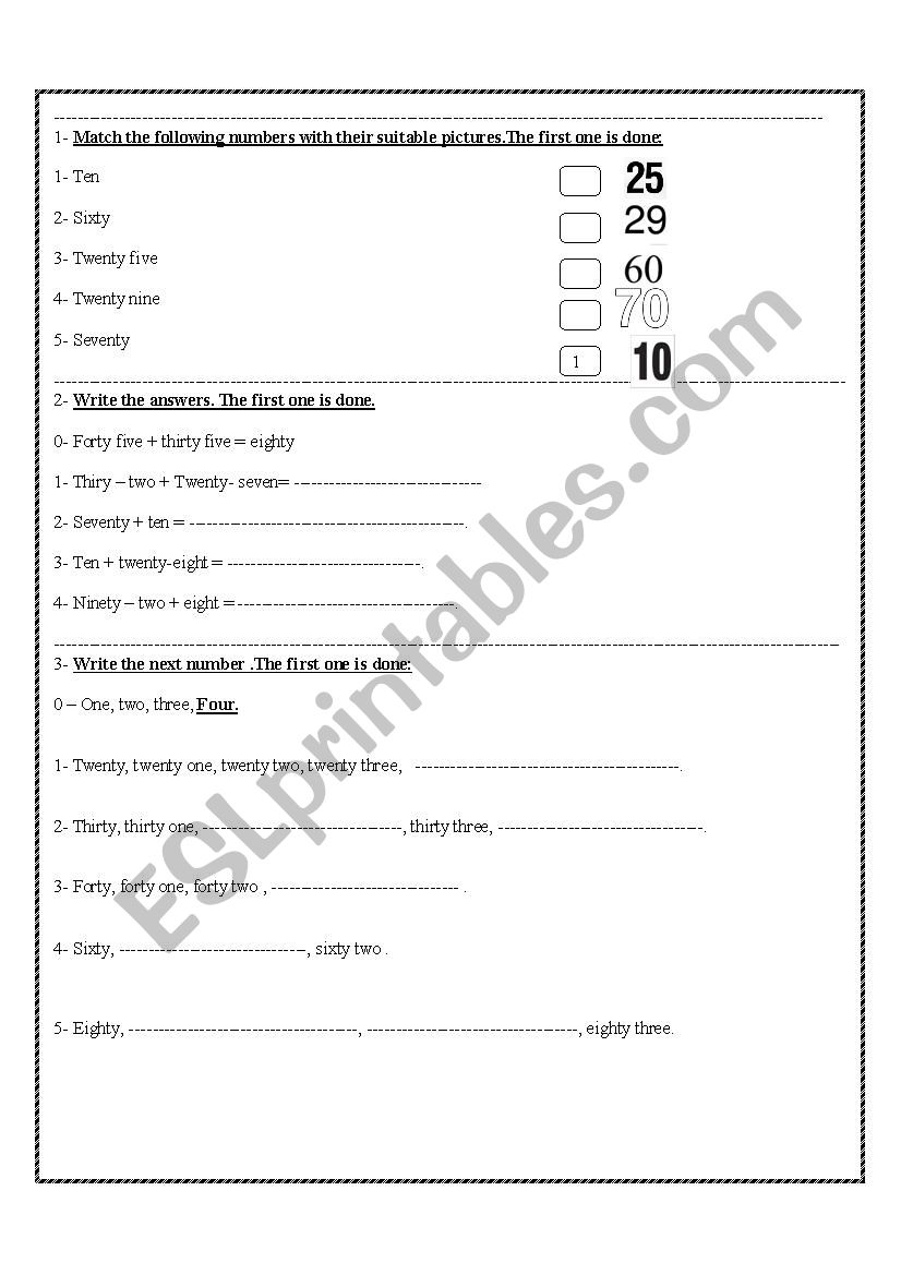 numbers worksheet