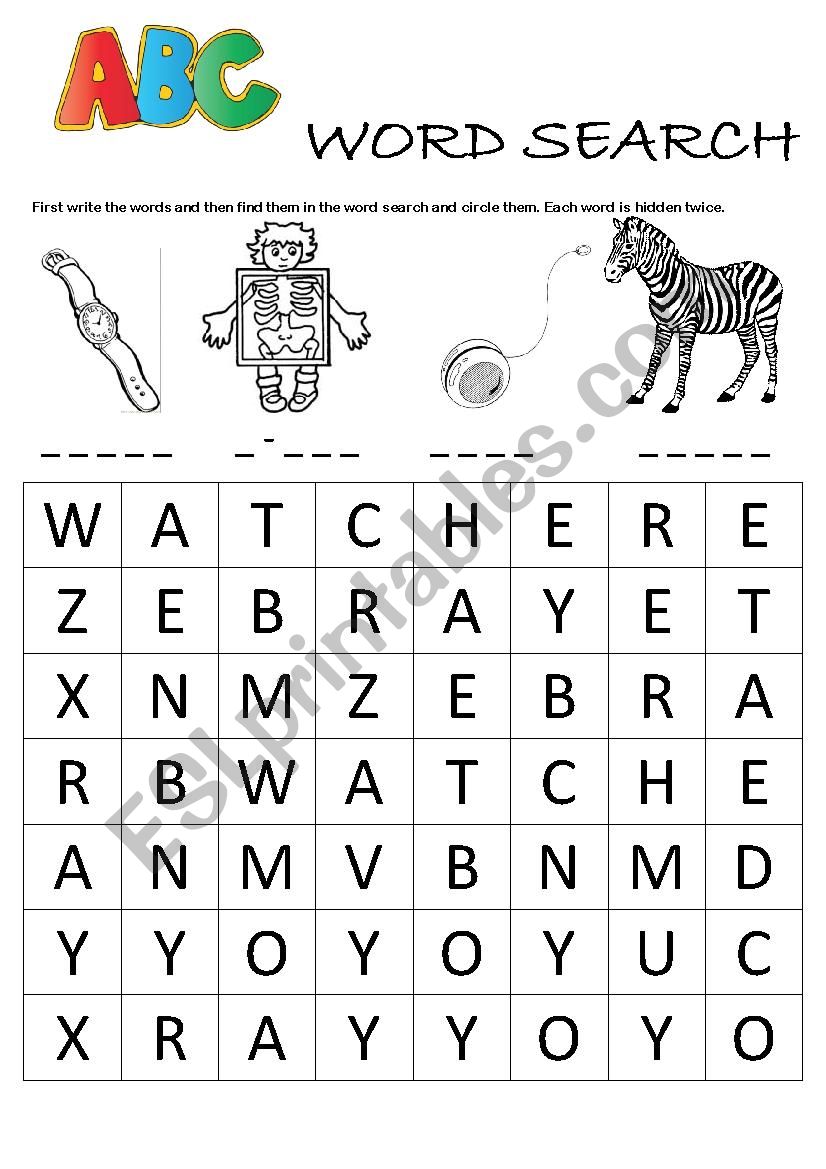 Alphabet Word Search (W, X, Y, Z)