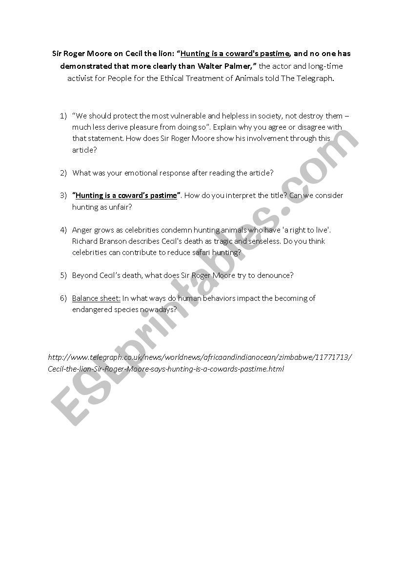 HUNTING IS A COWARDS PASTIME worksheet