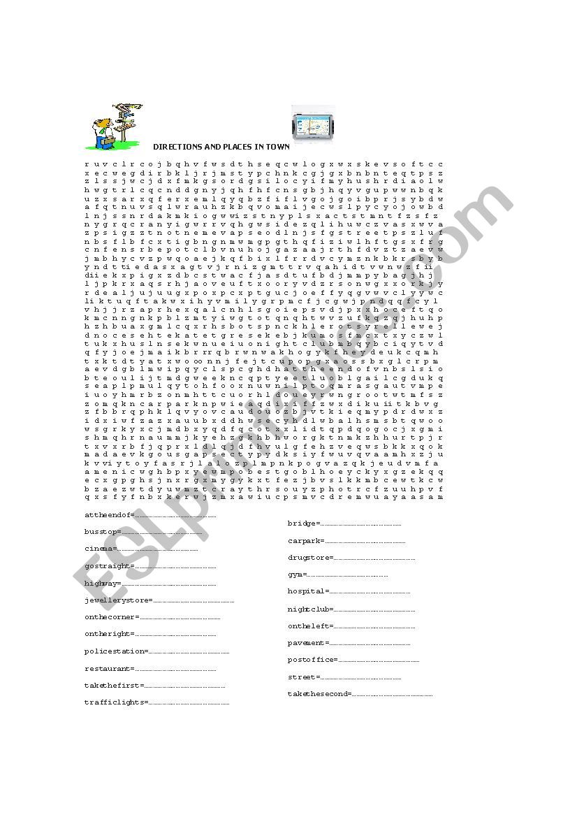 WORDSEARCH ON DIRECTIONS AND PLACES IN TOWN