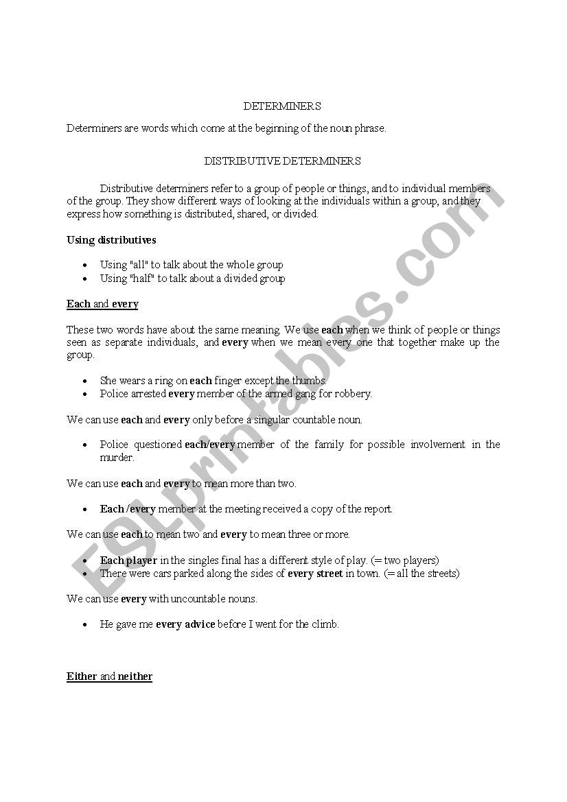 Determiners- Definition worksheet