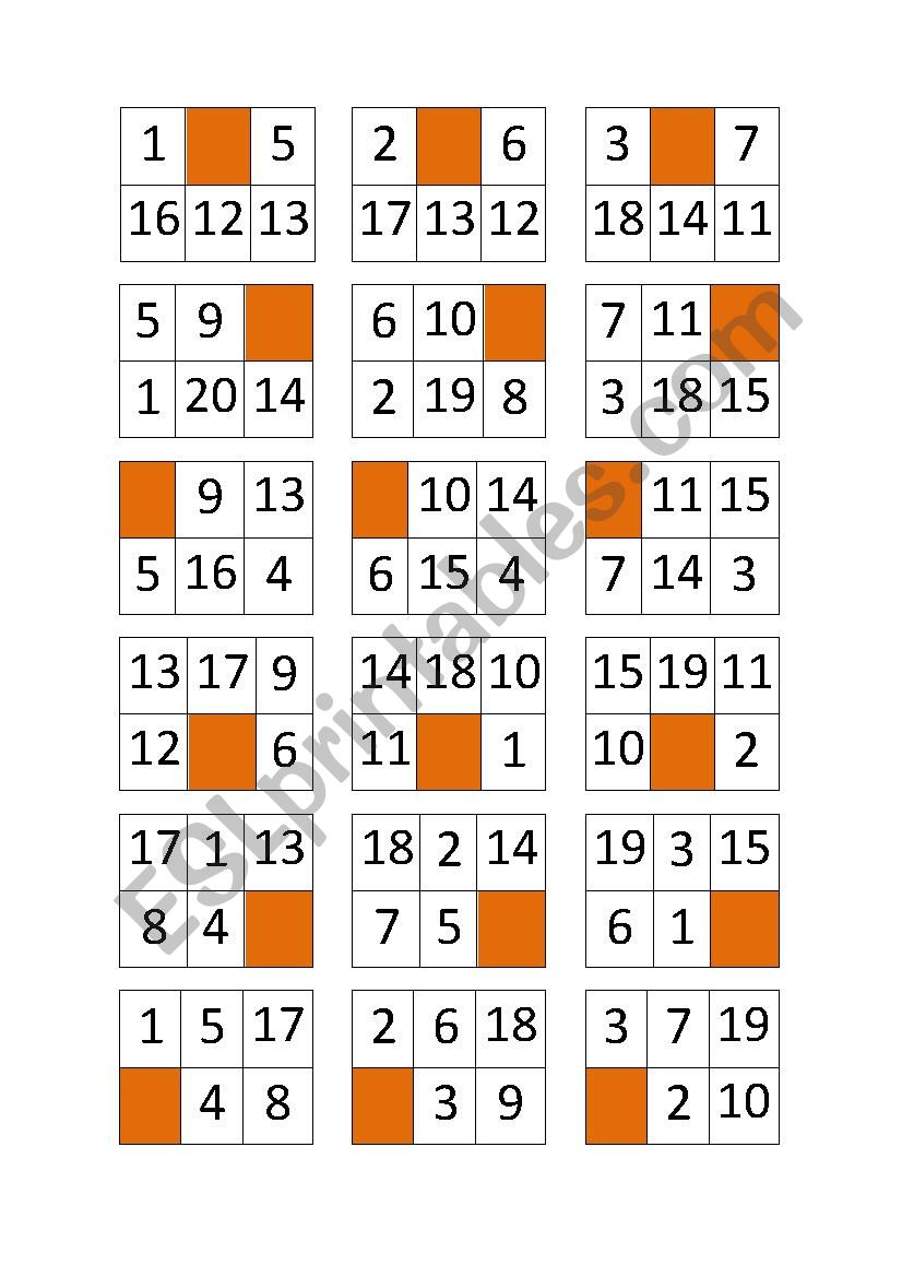 Bingo of Numbers from 1 to 20 worksheet