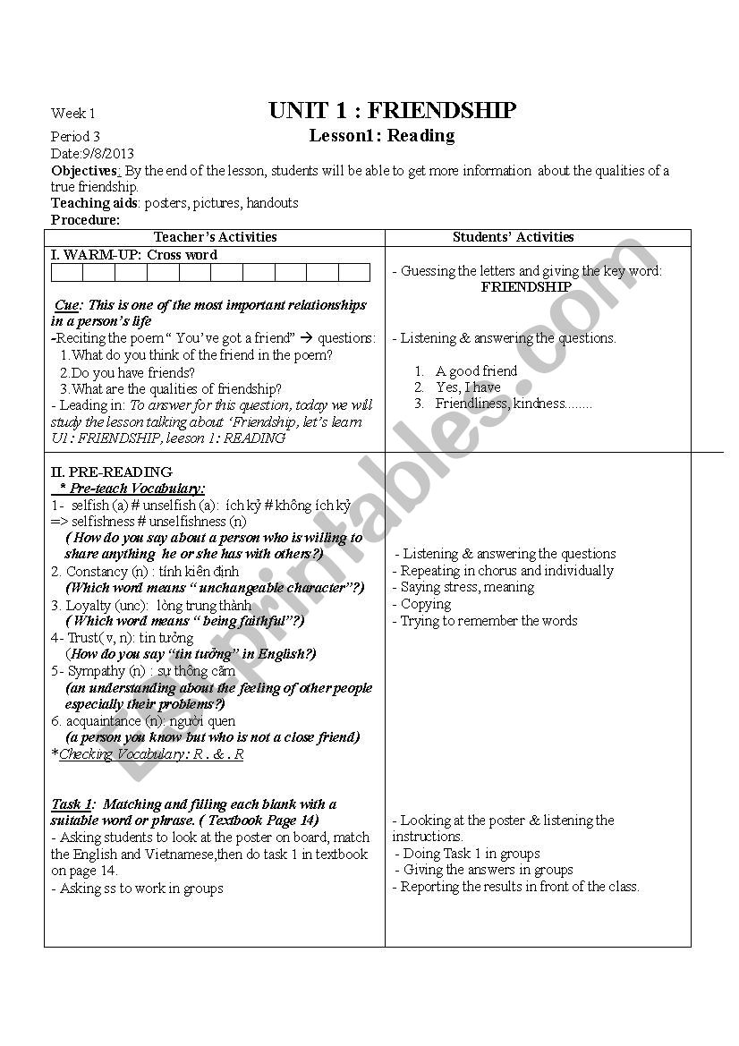 Unit 1- reading  worksheet