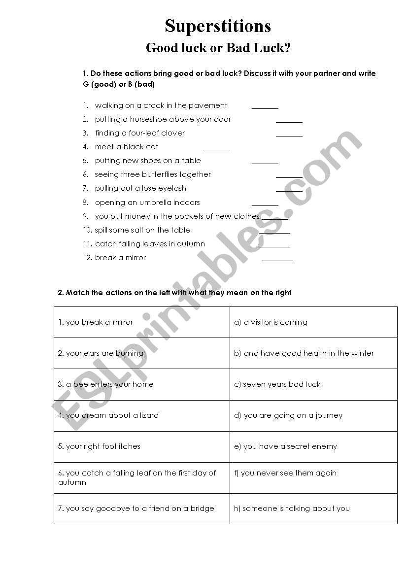 superstitons worksheet