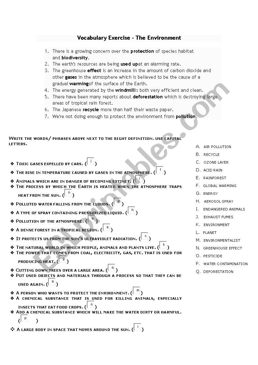 vocabulary about enviromment worksheet