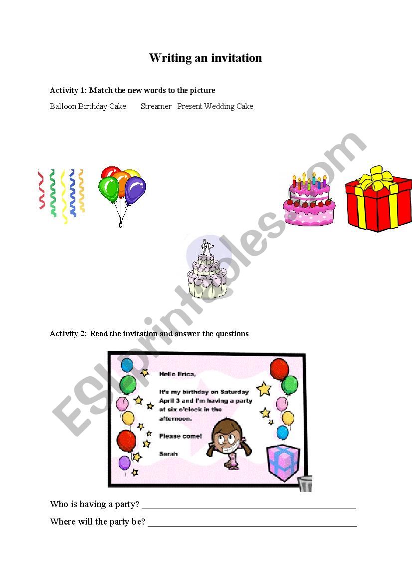 Invitation Worksheet worksheet