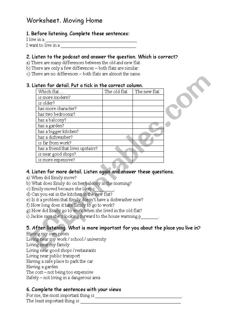 Moving. Listening activity worksheet