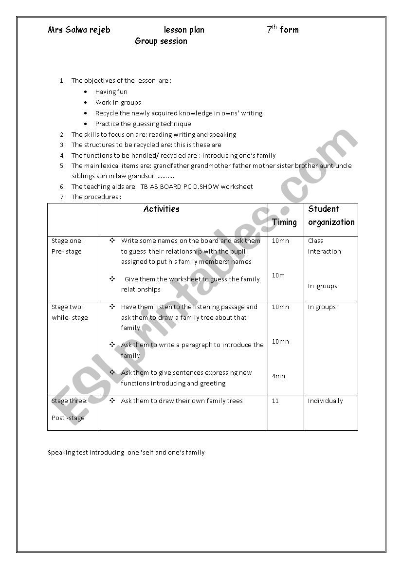 lesson plan 7th group session worksheet