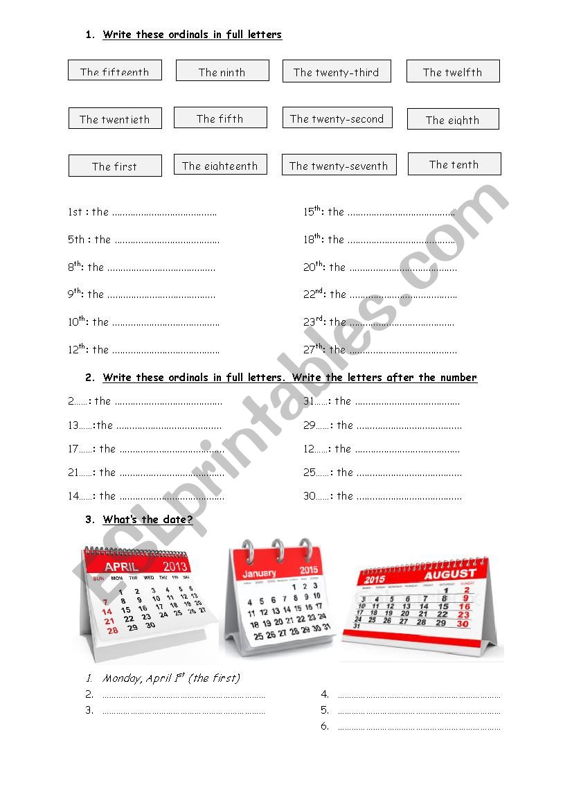 Ordinal numbers worksheet