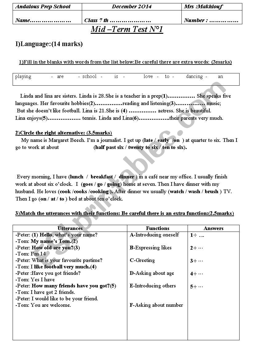 English Test for the 7th form basic education