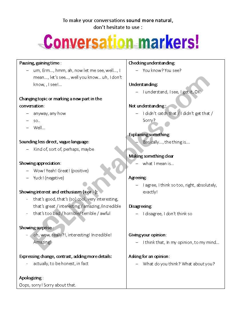 Conversation Markers worksheet