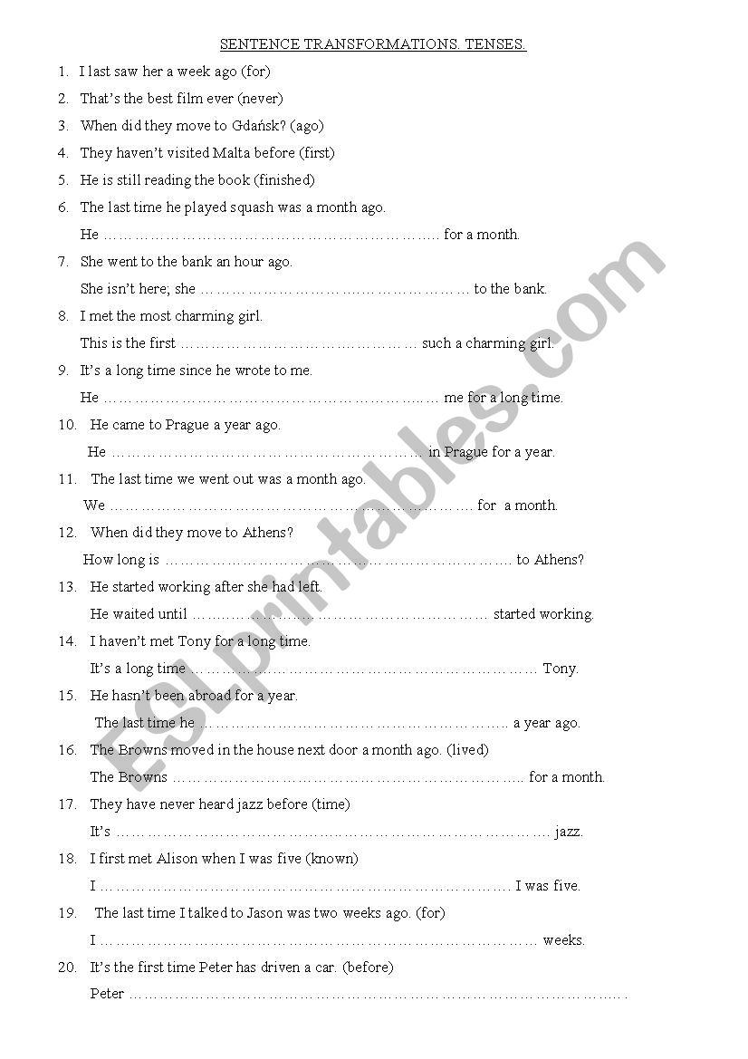 SENTENCE TRANSFORMATIONS worksheet