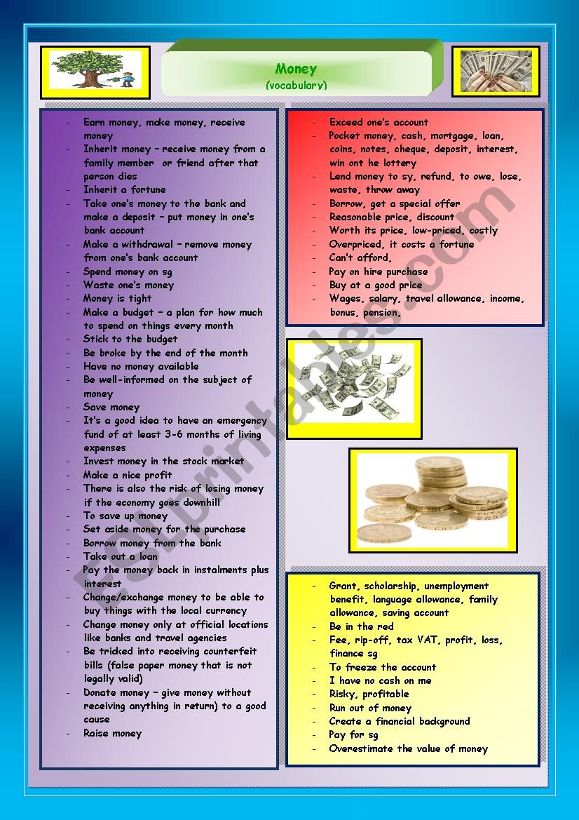 money vocabulary esl worksheet by herika69