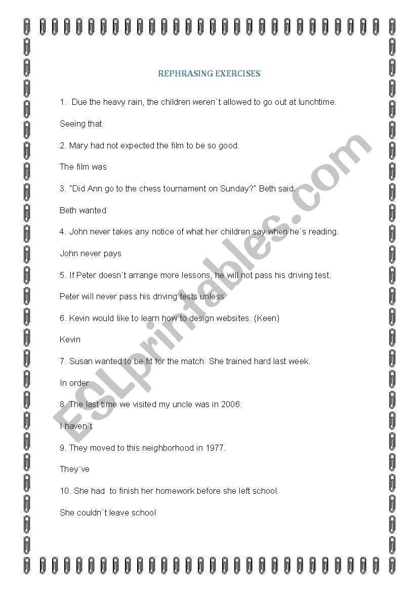 Rephrasing exercises worksheet