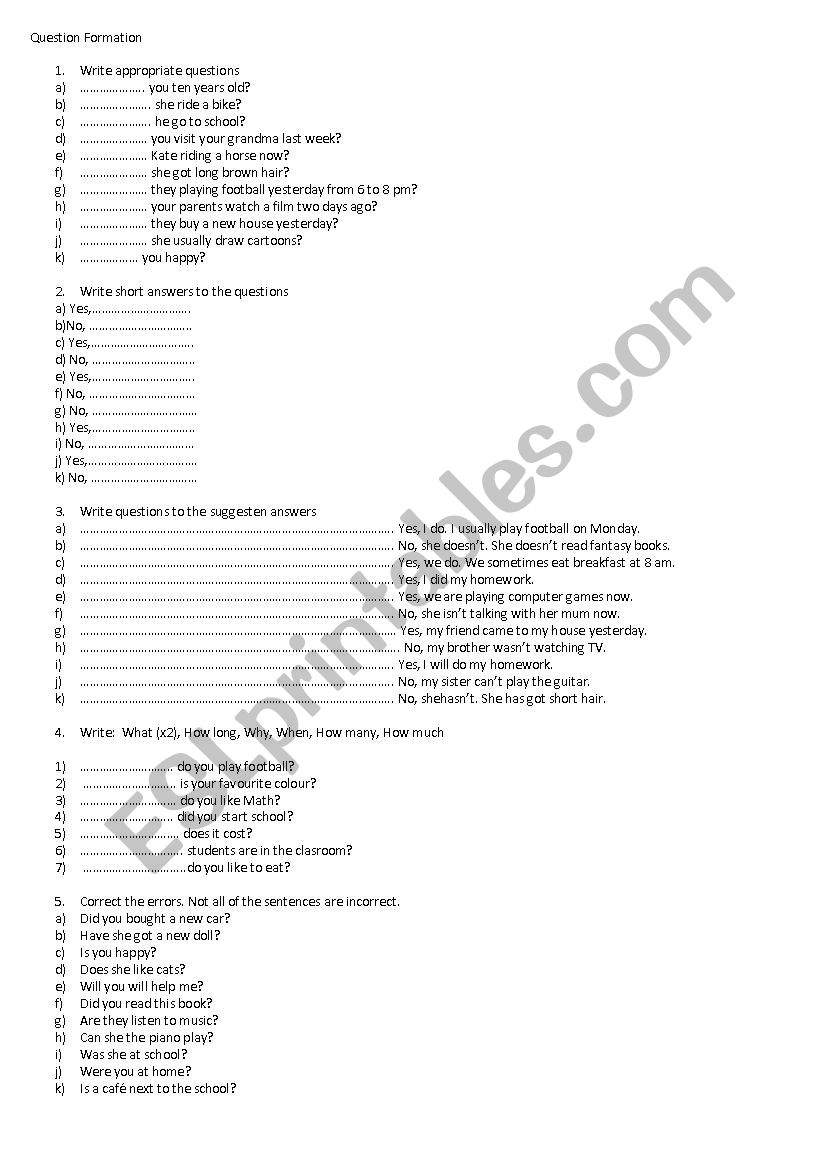 Question formation worksheet