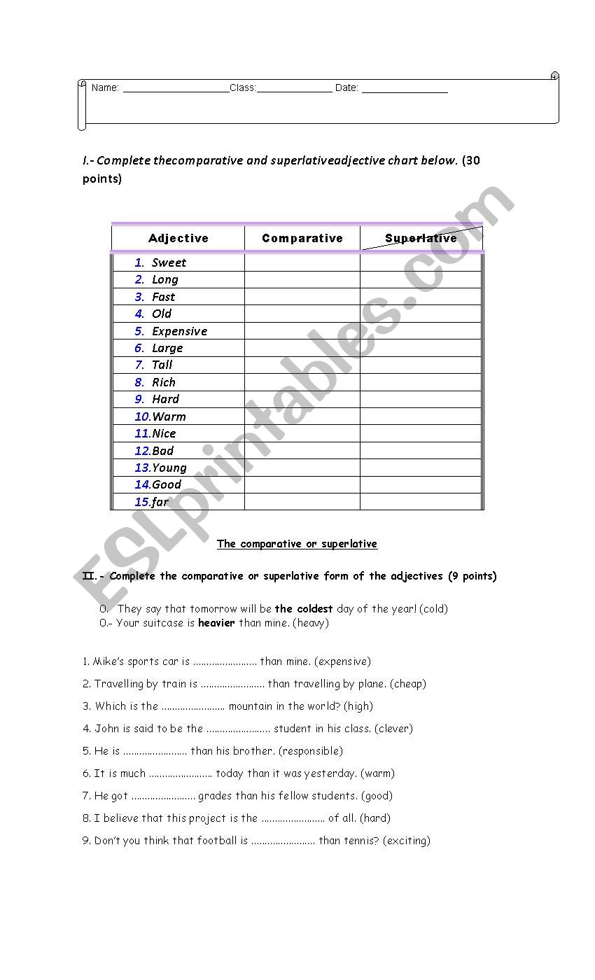 SUPERLATIVE AND COMPARATIVE worksheet