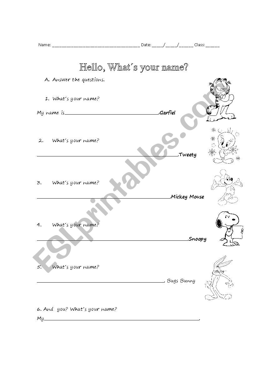 Hello, Whats your name worksheet