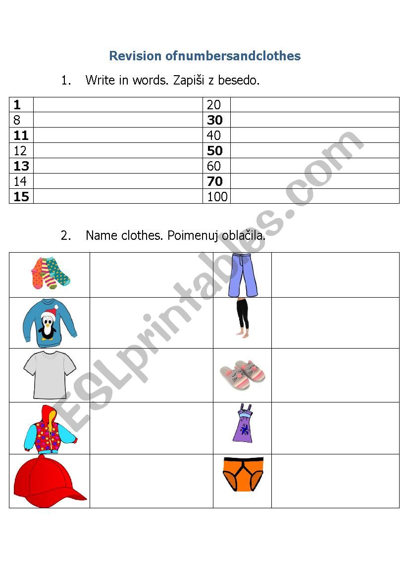 NUMBERS AND CLOTHES worksheet