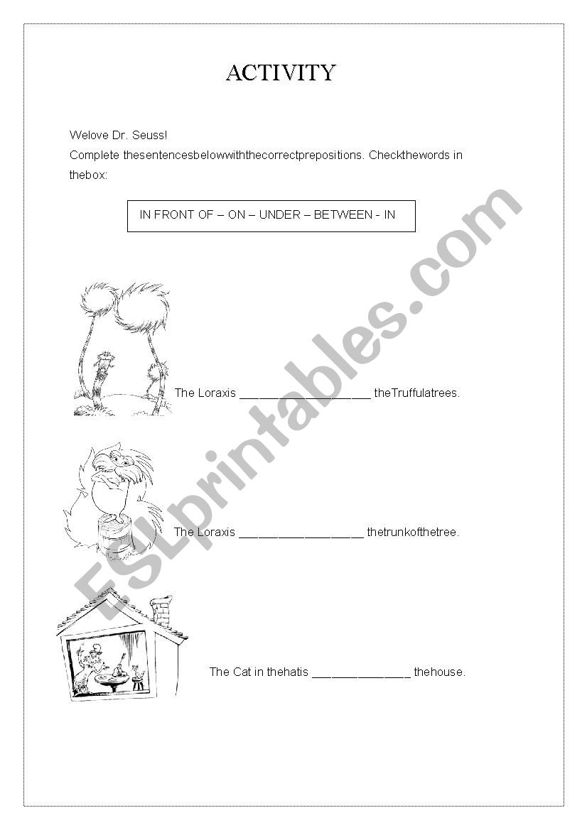 prepositions with Dr, Seuss worksheet